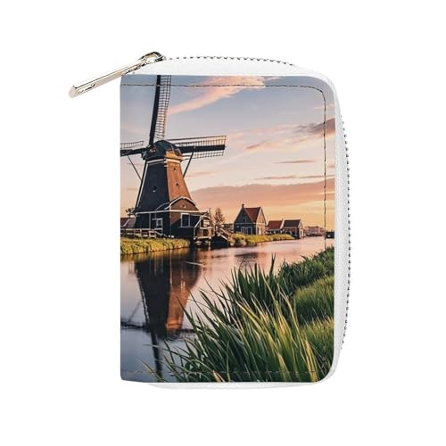 FHESDCW Dutch Windmill Kartenetui für Männer und Frauen, Leder Kreditkartenetui mit 20 Kartenfächern, kleine Geldbörse mit Reißverschluss von FHESDCW