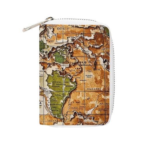 FHESDCW Ein abgenutztes Weltkartenetui für Männer und Frauen, Leder-Kreditkartenetui mit 20 Kartenfächern, kleine Geldbörse mit Reißverschluss von FHESDCW