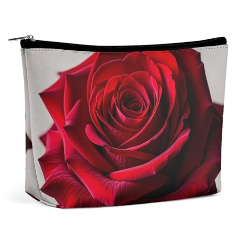 FHESDCW Elegante rote Rose Make-up-Tasche für Damen, PU-Leder, wasserdichte Kosmetiktasche mit Reißverschluss, tragbarer Reise-Make-up-Organizer von FHESDCW