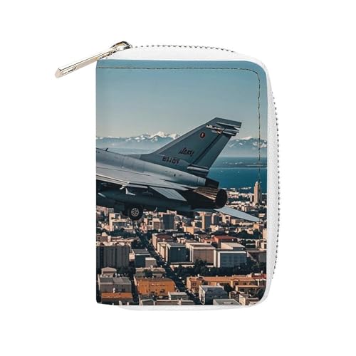 FHESDCW Fighter Jets Fly over Cities Kartenetui für Männer und Frauen, Leder Kreditkartenetui mit 20 Kartenfächern, kleine Geldbörse mit Reißverschluss von FHESDCW