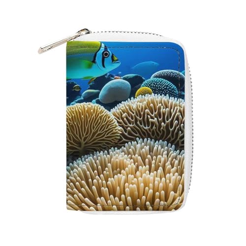 FHESDCW Fish Coral Reef Kartenetui für Herren und Damen, Leder, Kreditkartenetui mit 20 Kartenfächern, kleine Geldbörse mit Reißverschluss von FHESDCW