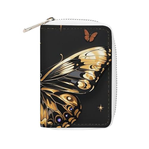 FHESDCW Goldener Schmetterling Kartenetui für Männer und Frauen, Leder Kreditkartenetui mit 20 Kartenfächern, kleine Geldbörse mit Reißverschluss von FHESDCW
