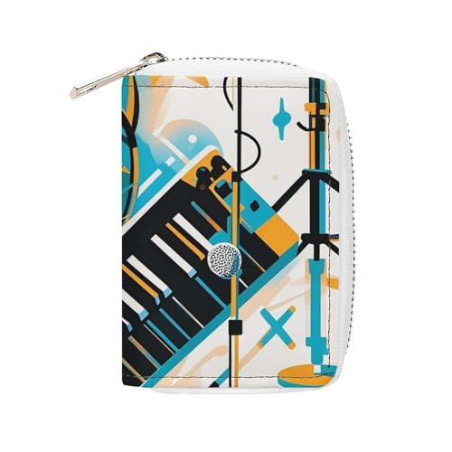 FHESDCW Handgezeichnetes Musikinstrument-Kartenetui für Männer und Frauen, Leder-Kreditkartenetui mit 20 Kartenfächern, kleine Geldbörse mit Reißverschluss von FHESDCW