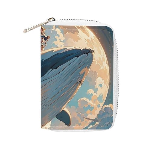 FHESDCW Illustration eines Wal-Kartenetuis für Männer und Frauen, Leder-Kreditkartenetui mit 20 Kartenfächern, kleine Geldbörse mit Reißverschluss von FHESDCW