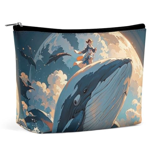 FHESDCW Illustration eines Wal-Make-up-Tasche für Damen, PU-Leder, wasserdichte Kosmetiktasche mit Reißverschluss, tragbarer Reise-Make-up-Organizer von FHESDCW