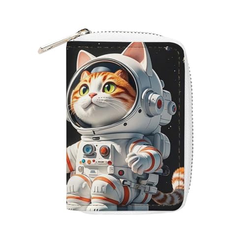 FHESDCW Interessantes Kartenetui mit Astronauten-Katze, Leder, Kreditkartenetui mit 20 Kartenfächern, kleine Geldbörse mit Reißverschluss von FHESDCW