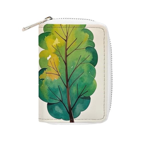 FHESDCW Kartenetui aus Leder mit 20 Kartenfächern, Motiv: Frühlings-Aquarell-Eukalyptusbäume, für Männer und Frauen, kleine Geldbörse mit Reißverschluss von FHESDCW