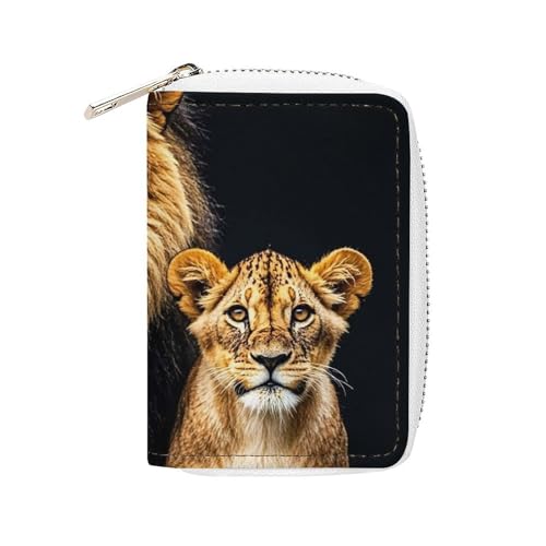 FHESDCW Kartenetui für Mutter, Löwe und junger Löwe, Leder, Kreditkartenetui mit 20 Kartenfächern, kleine Geldbörse mit Reißverschluss von FHESDCW