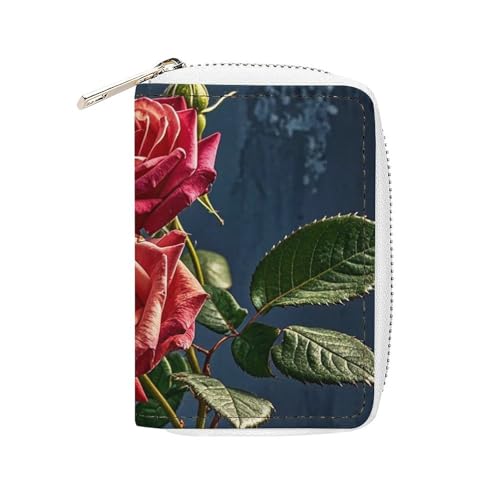 FHESDCW Kartenetui im Shabby-Chic-Stil, Rosen-Design, Leder, Kreditkartenetui mit 20 Kartenfächern, kleine Geldbörse mit Reißverschluss von FHESDCW
