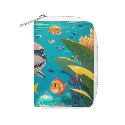 FHESDCW Kartenetui mit Haifischen und kleinen Fischen, Leder, Kreditkartenetui mit 20 Kartenfächern, kleine Geldbörse mit Reißverschluss von FHESDCW