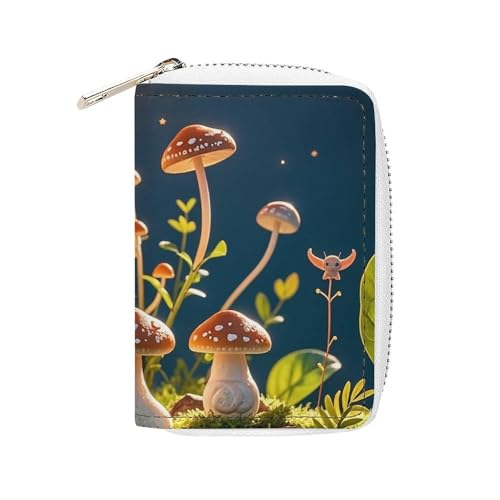 FHESDCW Kartenetui mit Pilz und Mond und Sternen, Leder, Kreditkartenetui mit 20 Kartenfächern, kleine Geldbörse mit Reißverschluss von FHESDCW