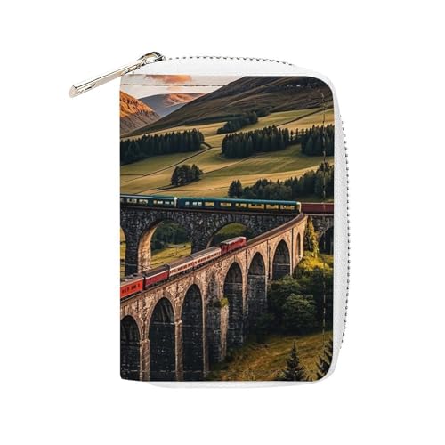 FHESDCW Kartenetui mit Sonnenuntergang über erhöhter Brücke für Männer und Frauen, Leder, Kreditkartenetui mit 20 Kartenfächern, kleine Geldbörse mit Reißverschluss von FHESDCW