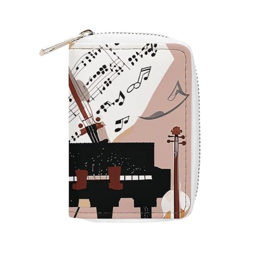 FHESDCW Klavier Violine Musiknoten Kartenhalter für Männer Frauen Leder Kreditkartenetui mit 20 Kartenfächern Kleine Geldbörse mit Reißverschluss von FHESDCW