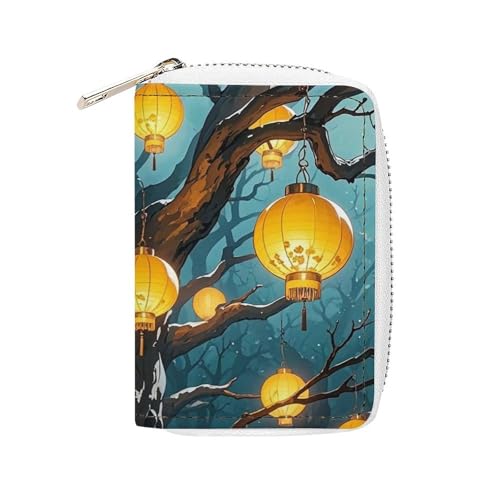 FHESDCW Lanterns Hang from The Trees Kartenetui für Herren und Damen, Leder, Kreditkartenetui mit 20 Kartenfächern, kleine Geldbörse mit Reißverschluss von FHESDCW