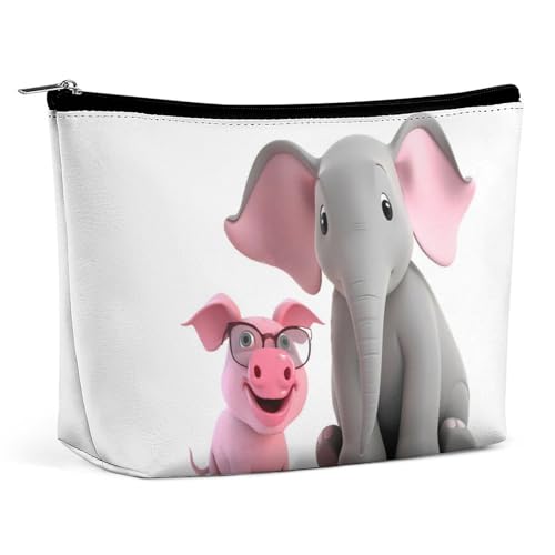 FHESDCW Make-up-Tasche für Damen, Elefant und Schweinchen, PU-Leder, wasserdicht, Kosmetiktasche mit Reißverschluss, tragbarer Reise-Make-up-Organizer von FHESDCW