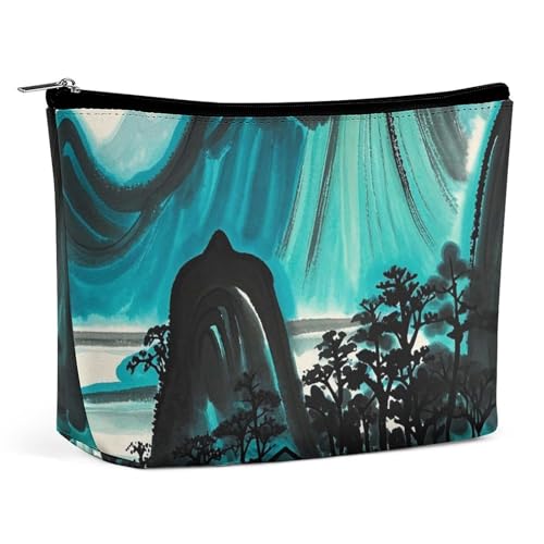 FHESDCW Make-up-Tasche für Damen, Landschaftsmuster, PU-Leder, wasserdicht, Kosmetiktasche mit Reißverschluss, tragbarer Reise-Make-up-Organizer von FHESDCW