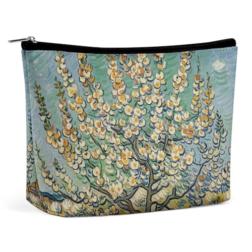 FHESDCW Make-up-Tasche für Damen, Motiv: Blühende Aprikosenbäume, PU-Leder, wasserdicht, Kosmetiktasche mit Reißverschluss, tragbarer Reise-Make-up-Organizer von FHESDCW