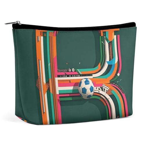 FHESDCW Make-up-Tasche für Damen, Motiv: Buchstaben mit Fußball-Elementen, PU-Leder, wasserdicht, Kosmetiktasche mit Reißverschluss, tragbarer Reise-Make-up-Organizer von FHESDCW