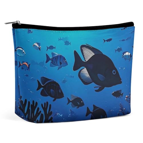 FHESDCW Make-up-Tasche für Damen, Motiv: Fisch schwebt im Meer, PU-Leder, wasserdicht, Kosmetiktasche mit Reißverschluss, tragbarer Reise-Make-up-Organizer von FHESDCW