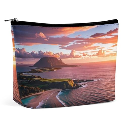 FHESDCW Make-up-Tasche für Damen, Motiv: Hawaiianischer Sonnenuntergang, PU-Leder, wasserdicht, Kosmetiktasche mit Reißverschluss, tragbarer Reise-Make-up-Organizer von FHESDCW