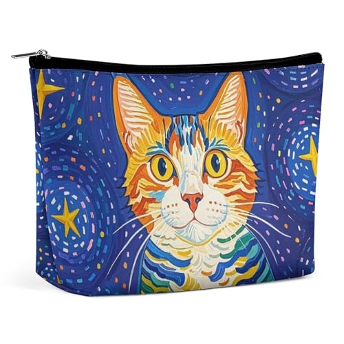 FHESDCW Make-up-Tasche für Damen, Motiv: Katze, die auf Sterne schaut, PU-Leder, wasserdicht, Kosmetiktasche mit Reißverschluss, tragbarer Reise-Make-up-Organizer von FHESDCW