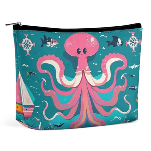 FHESDCW Make-up-Tasche für Damen, Motiv: Meerestiere für Navigation, PU-Leder, wasserdichte Kosmetiktasche mit Reißverschluss, tragbarer Reise-Make-up-Organizer von FHESDCW