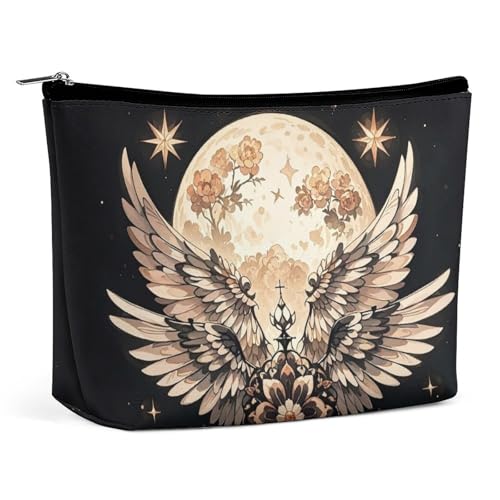 FHESDCW Make-up-Tasche für Damen, Motiv: Mond und Blumen, PU-Leder, wasserdicht, Kosmetiktasche mit Reißverschluss, tragbarer Reise-Make-up-Organizer von FHESDCW