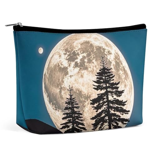 FHESDCW Make-up-Tasche für Damen, Motiv: Pinienbäume des Mondes, PU-Leder, wasserdicht, Kosmetiktasche mit Reißverschluss, tragbarer Reise-Make-up-Organizer von FHESDCW