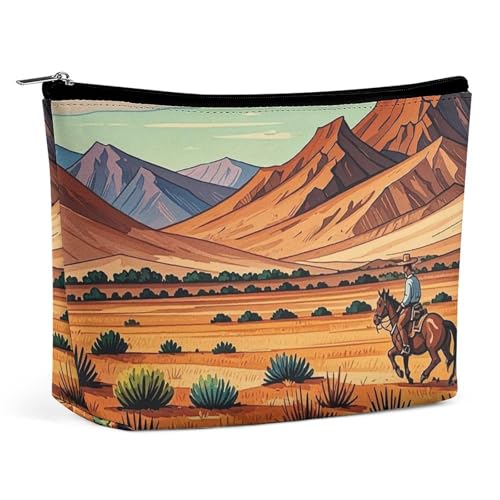 FHESDCW Make-up-Tasche für Damen, Motiv: Reitpferde im Wilden Westen, PU-Leder, wasserdicht, Kosmetiktasche mit Reißverschluss, tragbarer Reise-Make-up-Organizer von FHESDCW