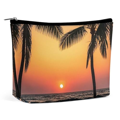 FHESDCW Make-up-Tasche für Damen, Motiv: Sonnenaufgang auf dem Meer, PU-Leder, wasserdicht, Kosmetiktasche mit Reißverschluss, tragbarer Reise-Make-up-Organizer von FHESDCW