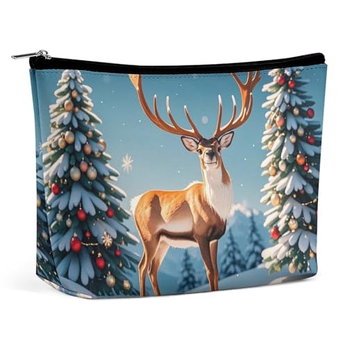 FHESDCW Make-up-Tasche für Damen, Motiv: Weihnachtshirsch, Schneebaum, PU-Leder, wasserdicht, Kosmetiktasche mit Reißverschluss, tragbarer Reise-Make-up-Organizer FHESDCW Make-up-Tasche für Damen, Motiv: Weihnachtshirsch, Schneebaum, PU-Leder, wasserdicht, Kosmetiktasche mit Reißverschluss, tragbarer Reise-Make-up-Organizer von FHESDCW
