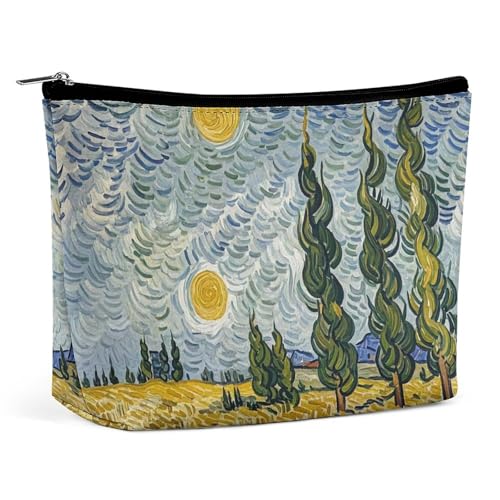 FHESDCW Make-up-Tasche für Damen, Motiv: Weizenfelder und Zypressen, PU-Leder, wasserdicht, Kosmetiktasche mit Reißverschluss, tragbarer Reise-Make-up-Organizer von FHESDCW