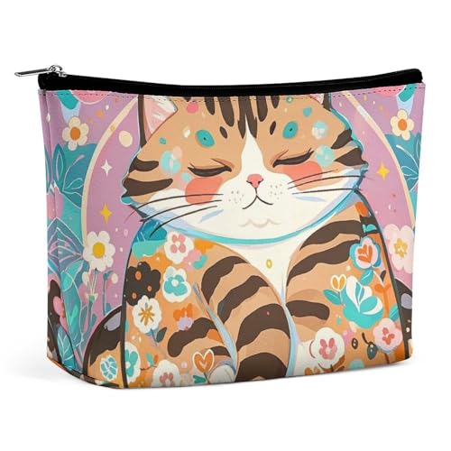 FHESDCW Make-up-Tasche für Damen, Motiv: schlafende Katze, PU-Leder, wasserdichte Kosmetiktasche mit Reißverschluss, tragbarer Reise-Make-up-Organizer von FHESDCW