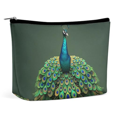FHESDCW Make-up-Tasche für Damen, Pfau mit Quasten, PU-Leder, wasserdicht, Kosmetiktasche mit Reißverschluss, tragbarer Reise-Make-up-Organizer von FHESDCW