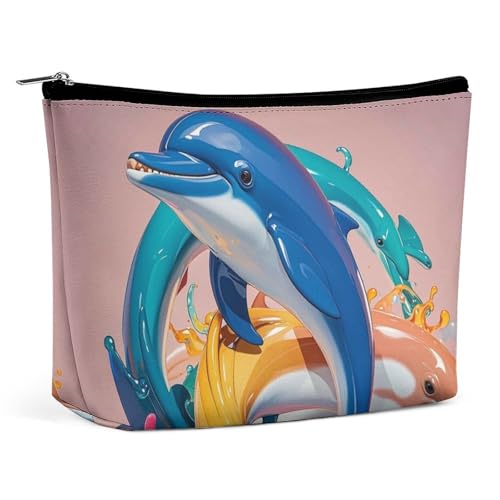 FHESDCW Make-up-Tasche für Damen, abstraktes Tier, Delfin, PU-Leder, wasserdicht, Kosmetiktasche mit Reißverschluss, tragbarer Reise-Make-up-Organizer von FHESDCW