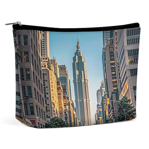 FHESDCW Make-up-Tasche für Damen, hohe Gebäude in der Stadt, PU-Leder, wasserdicht, Kosmetiktasche mit Reißverschluss, tragbarer Reise-Make-up-Organizer von FHESDCW