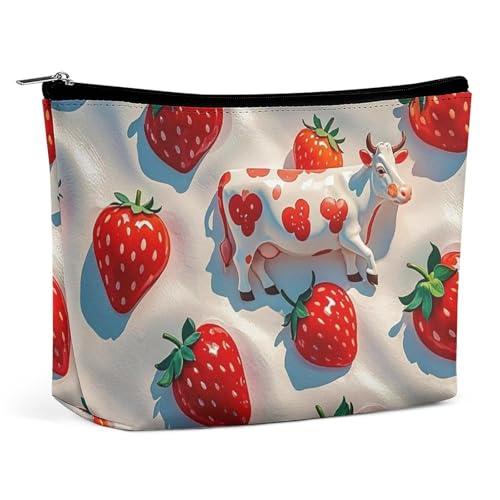 FHESDCW Make-up-Tasche für Damen, weißes Kuh-Erdbeermuster, PU-Leder, wasserdicht, Kosmetiktasche mit Reißverschluss, tragbarer Reise-Make-up-Organizer von FHESDCW