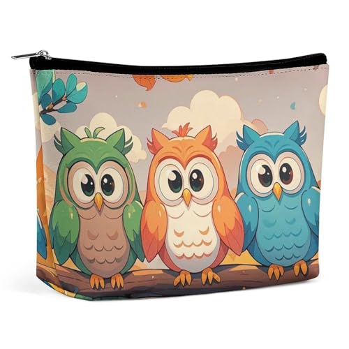 FHESDCW Make-up-Tasche mit 3 Eulen für Damen, PU-Leder, wasserdicht, Kosmetiktasche mit Reißverschluss, tragbarer Reise-Make-up-Organizer von FHESDCW