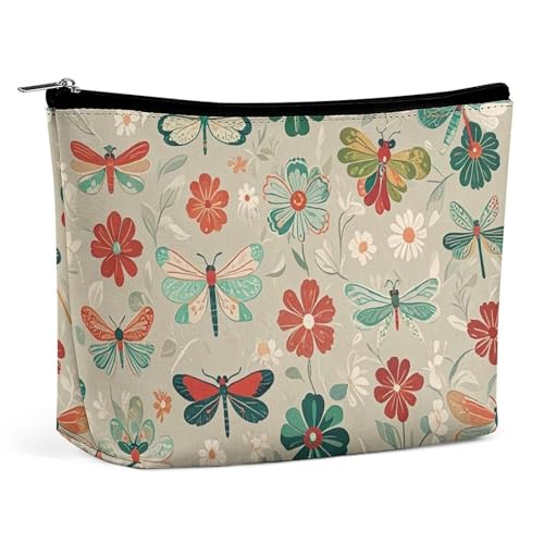 FHESDCW Make-up-Tasche mit Blumen und roten grünen Libellen, PU-Leder, wasserdicht, Kosmetiktasche mit Reißverschluss, tragbarer Reise-Make-up-Organizer von FHESDCW