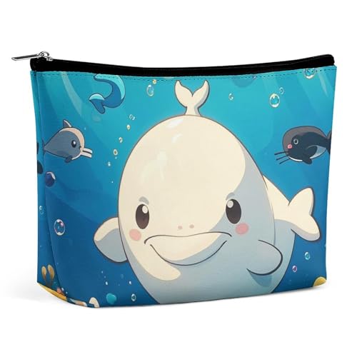 FHESDCW Make-up-Tasche mit Cartoon-Motiv Weißwal, für Damen, PU-Leder, wasserdicht, Kosmetiktasche mit Reißverschluss, tragbarer Reise-Make-up-Organizer von FHESDCW