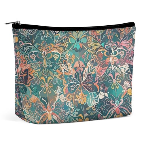 FHESDCW Make-up-Tasche mit Spitzenmuster mit Blumen und Schmetterlingen für Damen, PU-Leder, wasserdicht, Kosmetiktasche mit Reißverschluss, tragbarer Reise-Make-up-Organizer FHESDCW Make-up-Tasche mit Spitzenmuster mit Blumen und Schmetterlingen für Damen, PU-Leder, wasserdicht, Kosmetiktasche mit Reißverschluss, tragbarer Reise-Make-up-Organizer von FHESDCW