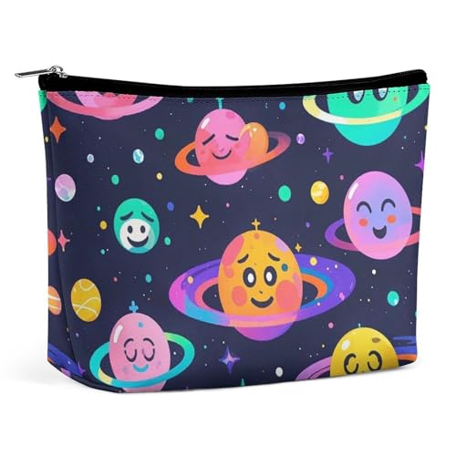 FHESDCW Make-up-Tasche mit Weltraum-Emoticons für Damen, PU-Leder, wasserdicht, Kosmetiktasche mit Reißverschluss, tragbarer Reise-Make-up-Organizer von FHESDCW