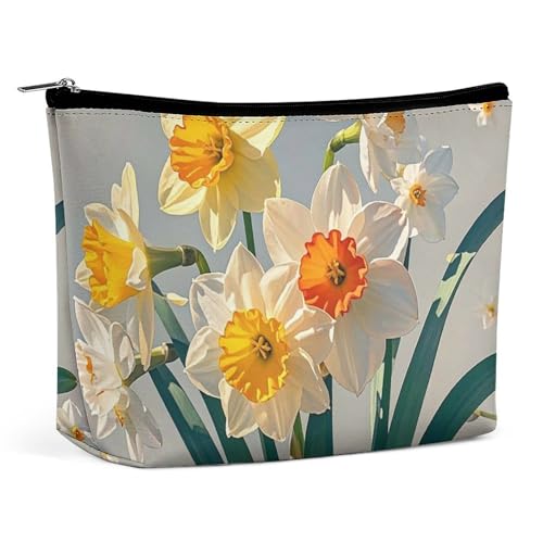 FHESDCW Narcissus Make-up-Tasche für Damen, PU-Leder, wasserdicht, Kosmetiktasche mit Reißverschluss, tragbarer Reise-Make-up-Organizer von FHESDCW