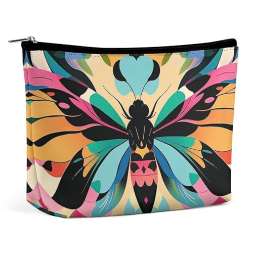 FHESDCW Niedliche und bunte Motten-Make-up-Tasche für Damen, PU-Leder, wasserdichte Kosmetiktasche mit Reißverschluss, tragbarer Reise-Make-up-Organizer von FHESDCW
