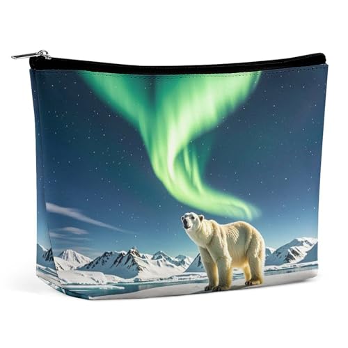 FHESDCW Northern Lights Eisbär-Make-up-Tasche für Damen, PU-Leder, wasserdicht, Kosmetiktasche mit Reißverschluss, tragbarer Reise-Make-up-Organizer von FHESDCW