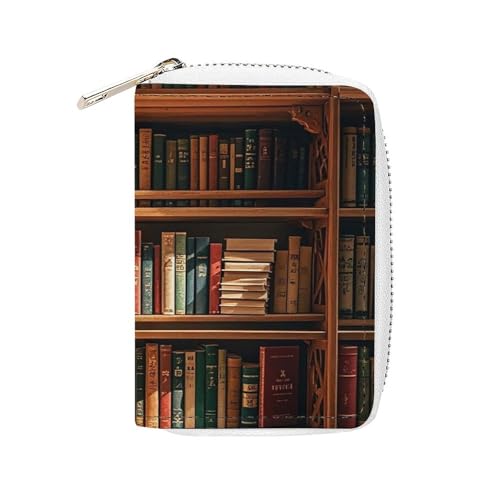 FHESDCW Old Bookshelf Card Holder for Men Women, Leather Credit Card Holder with 20 Card Slots Small Purse with Zipper von FHESDCW