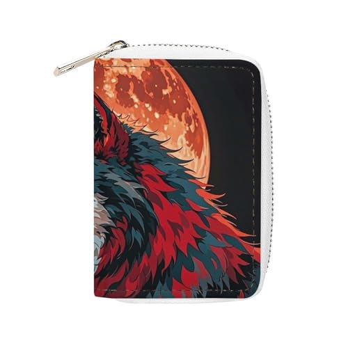 FHESDCW RED MOON Outdoor Wolf Kartenetui für Männer Frauen, Leder Kreditkartenetui mit 20 Kartenfächern, kleine Geldbörse mit Reißverschluss von FHESDCW