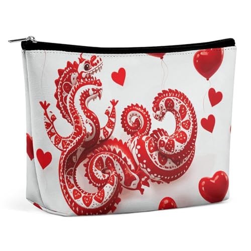 FHESDCW Red Love Little Dragon Make-up-Tasche für Damen, PU-Leder, wasserdicht, Kosmetiktasche mit Reißverschluss, tragbarer Reise-Make-up-Organizer von FHESDCW