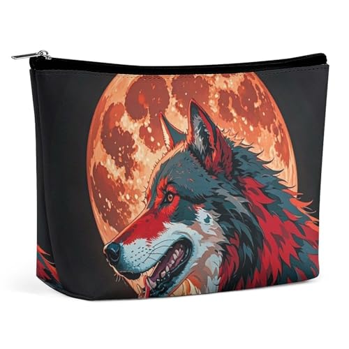 FHESDCW Red Moon Outdoor-Make-up-Tasche für Damen, PU-Leder, wasserdicht, Kosmetiktasche mit Reißverschluss, tragbarer Reise-Make-up-Organizer von FHESDCW