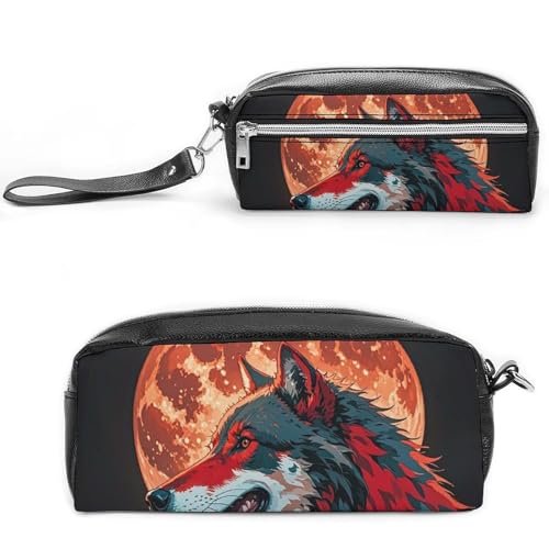 FHESDCW Red Moon Outdoor Wolf Federmäppchen Große Kapazität mit Reißverschluss, Hängende Wasserdichte Kosmetiktasche für Reisen, Vintage Leder Bleistifttasche für Damen Herren FHESDCW Red Moon Outdoor Wolf Federmäppchen Große Kapazität mit Reißverschluss, Hängende Wasserdichte Kosmetiktasche für Reisen, Vintage Leder Bleistifttasche für Damen Herren von FHESDCW